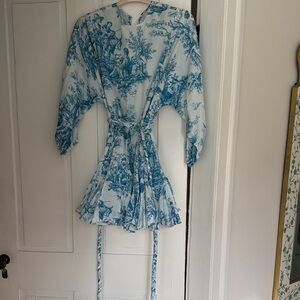 Rhode Ella Blue Toile Print Tie-Waist Mini Dress small